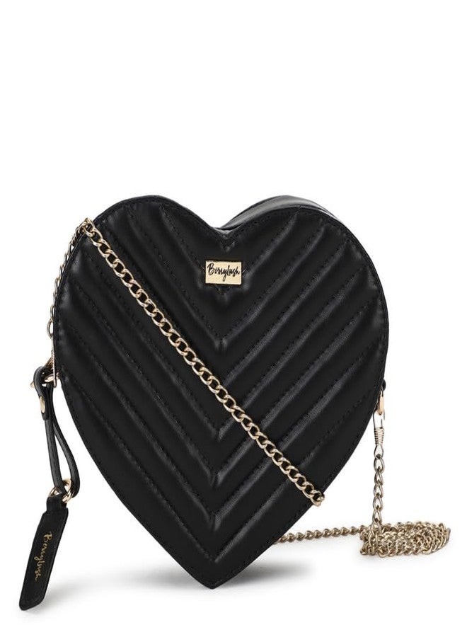 Berrylush Women Solid Black Quilted Pattern PU Detachable Sling Strap Heart Structured Regular Sling Bag - Image 1